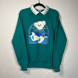 Charming Teal Crewneck Grandma Sweater with Bear Design Size Medium Fun Quirky